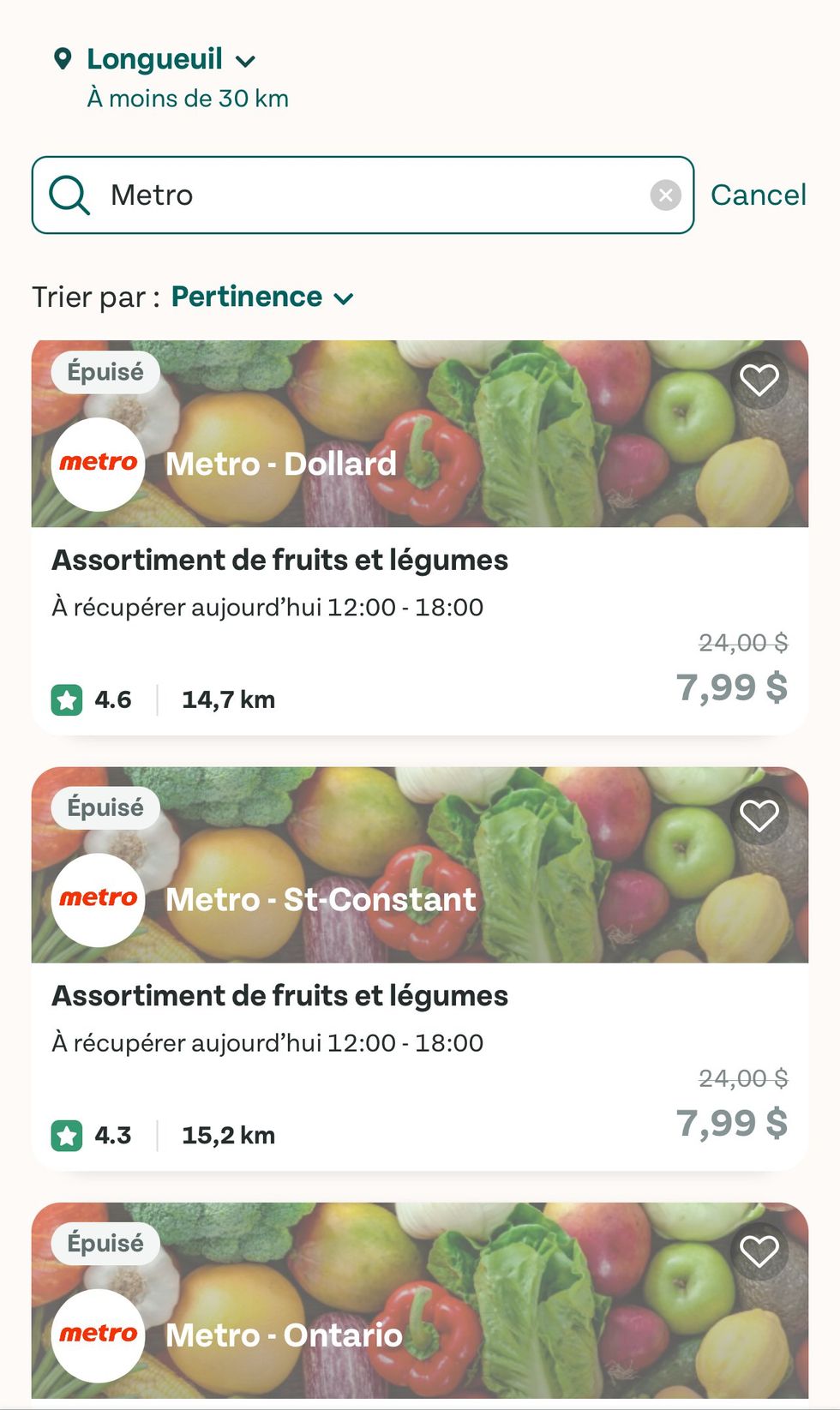 Capture d'\u00e9cran des offres \u00e9puis\u00e9es chez Metro sur l'application Too Good To Go.