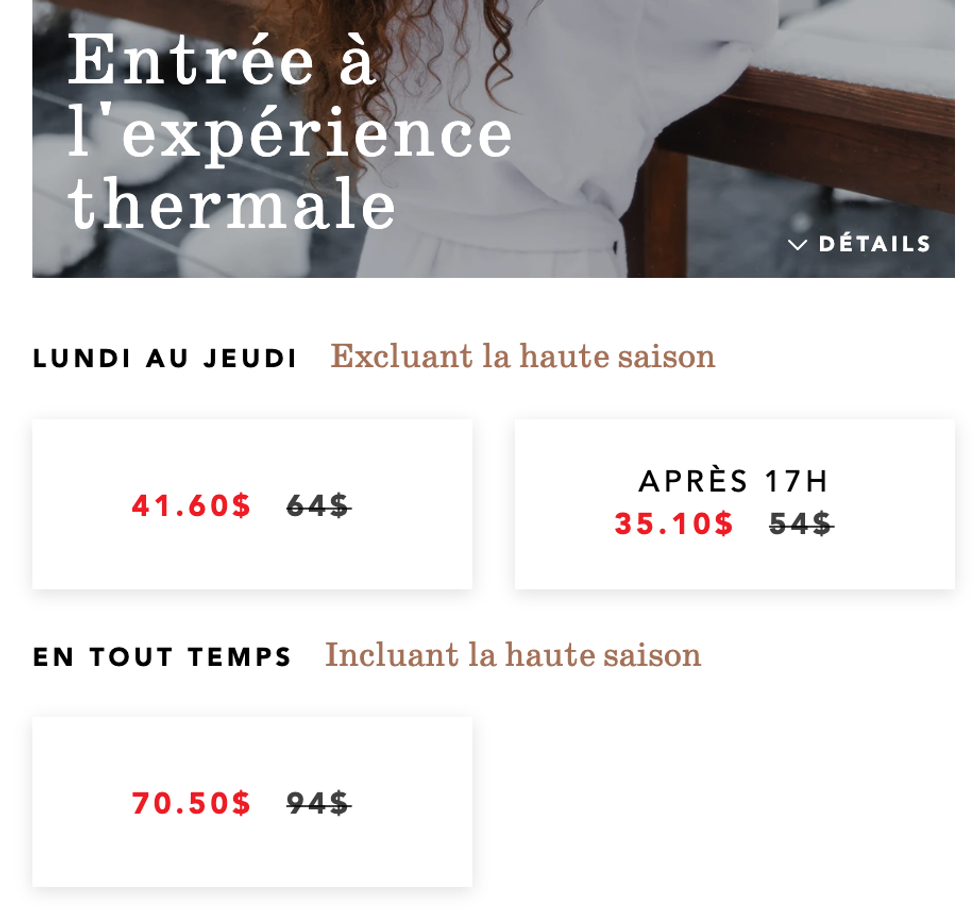 Capture d'\u00e9cran des rabais sur le site Web du Strom Spa Nordique. 