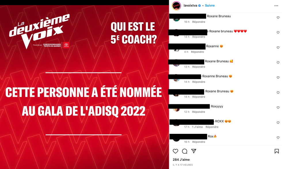 Capture d'\u00e9cran. Droite : Commentaires Instagram de La Voix TVA.