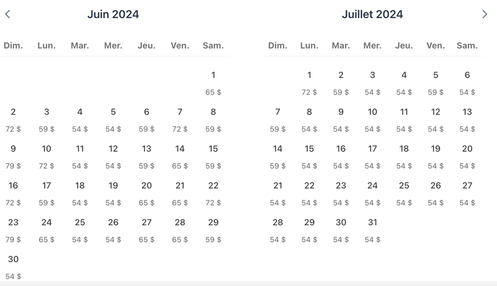 Capture d'\u00e9cran du calendrier VIA Rail qui permet de voir quels jours offrent le tarif de base le moins cher pour le trajet de train Montr\u00e9al-Toronto.