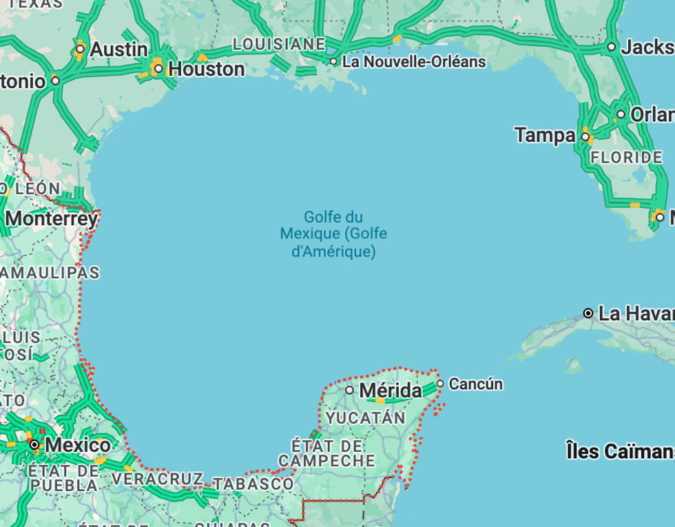Capture d'\u00e9cran du Golfe du Mexique sur Google Maps.