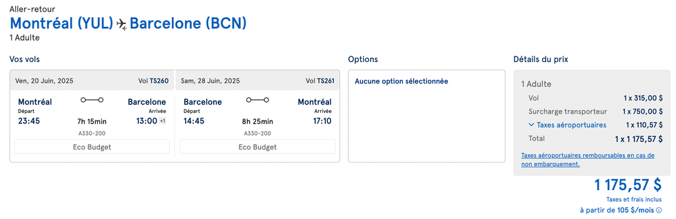 Capture d'\u00e9cran du prix d'un vol aller-retour Montr\u00e9al - Barcelone.