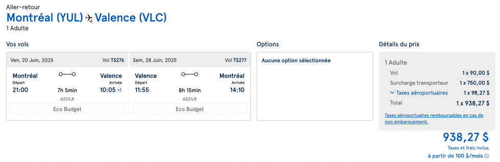 Capture d'\u00e9cran du prix d'un vol aller-retour Montr\u00e9al - Valence.