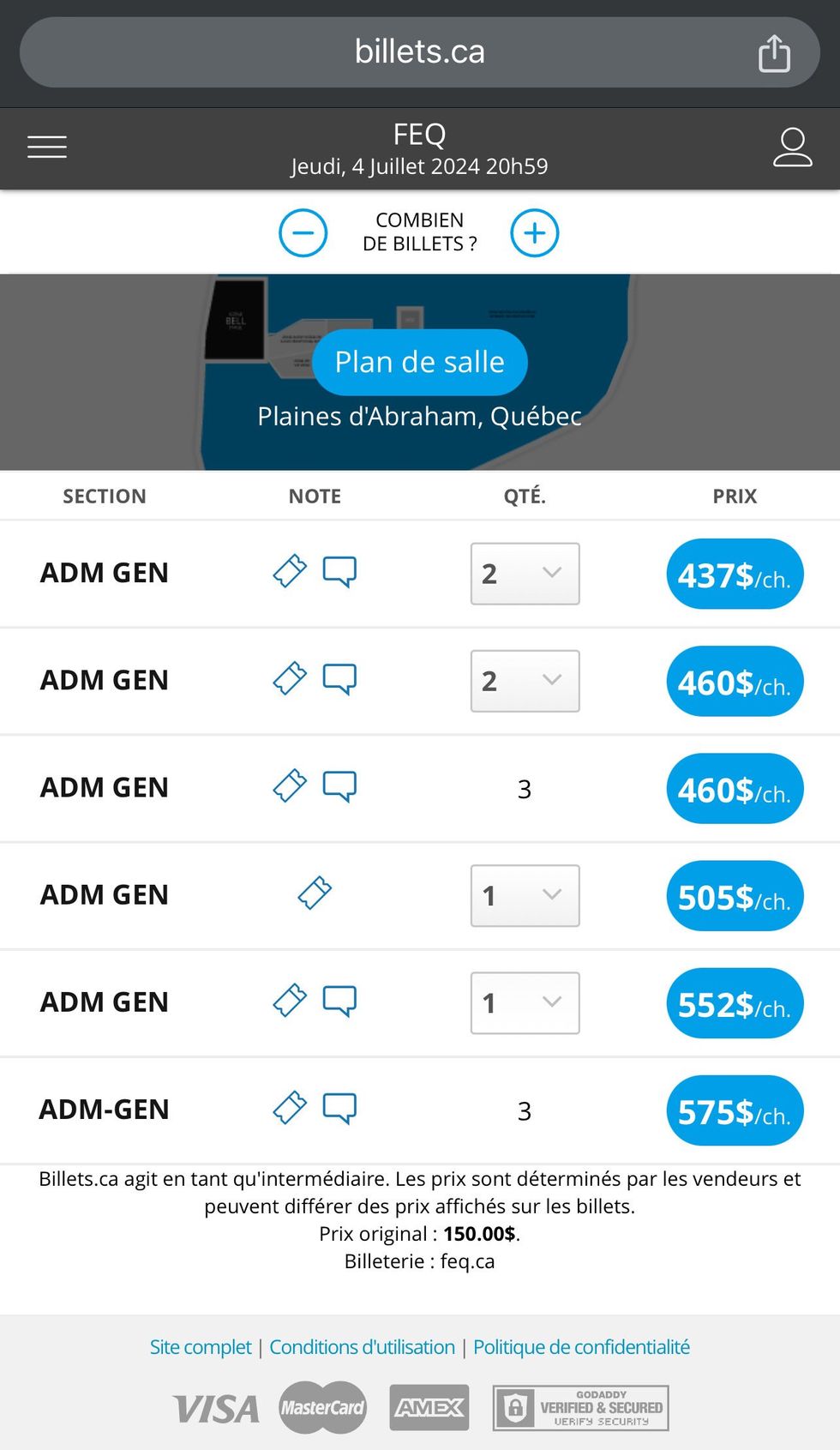 Capture d'\u00e9cran du prix des billets pour le Festival d'\u00e9t\u00e9 de Qu\u00e9bec (FEQ) sur le site Web de billets.ca.