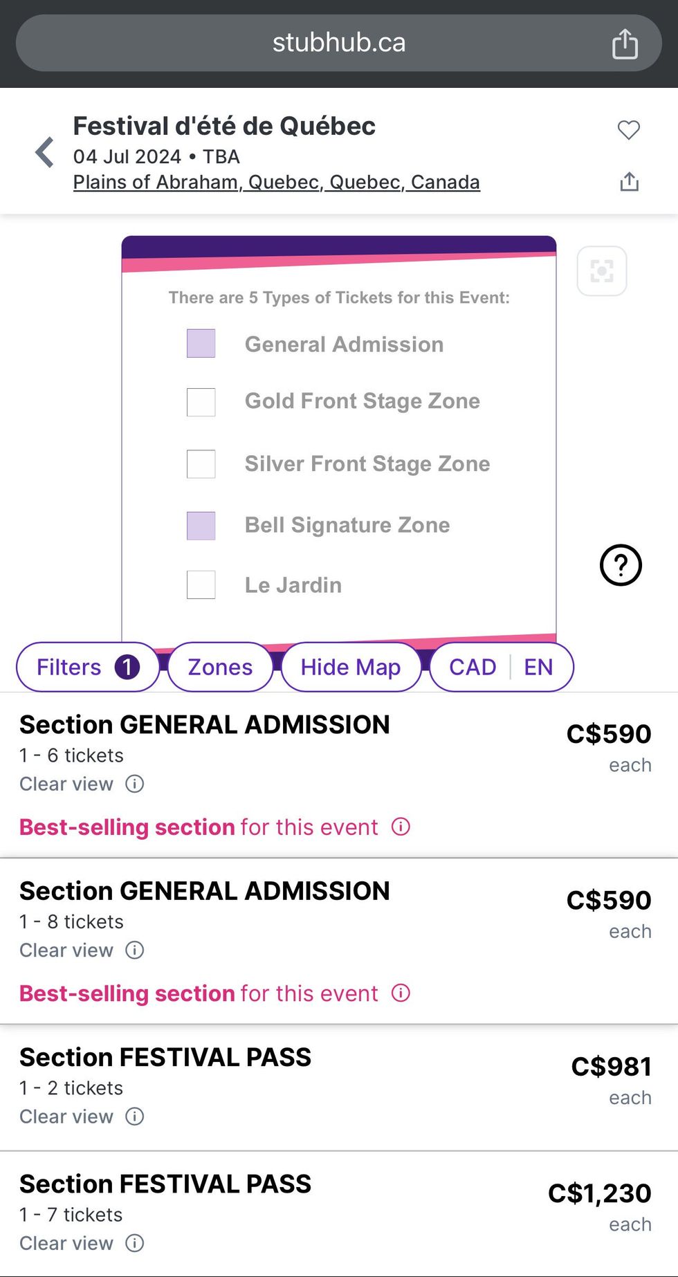 Capture d'\u00e9cran du prix des billets pour le Festival d'\u00e9t\u00e9 de Qu\u00e9bec (FEQ) sur le site Web de stubhub.ca.