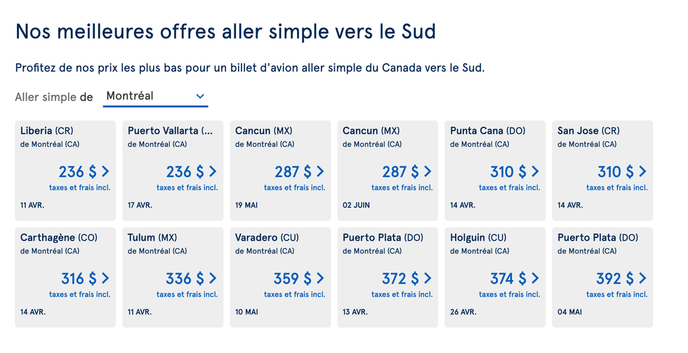Capture d'\u00e9cran du site Internet d'Air Transat.