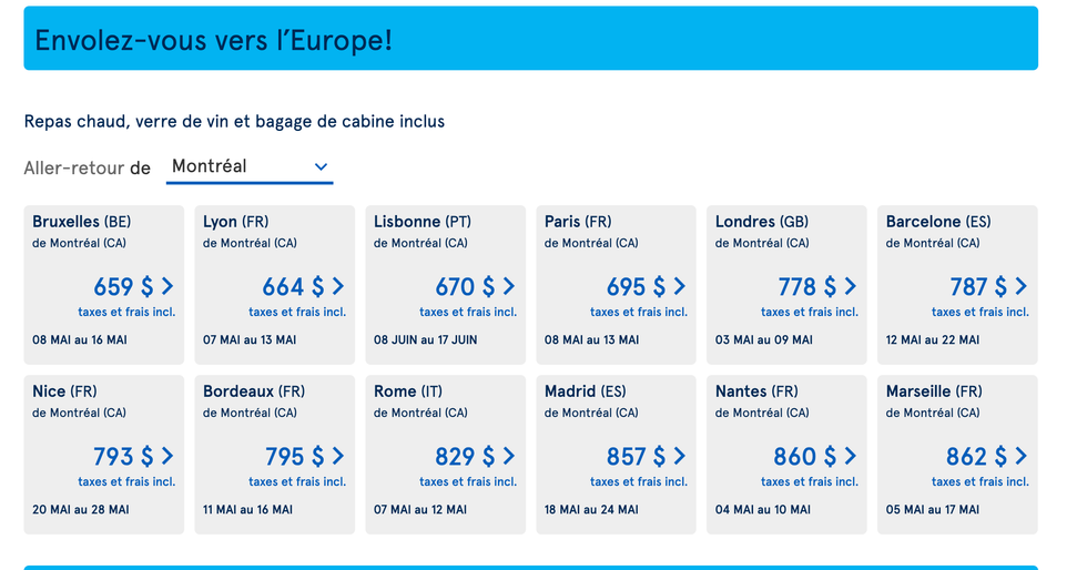 Capture d'\u00e9cran du site Internet d'Air Transat.
