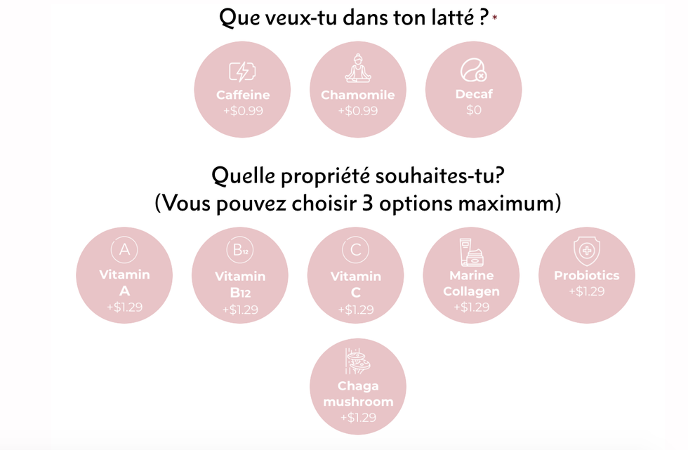 Capture d'\u00e9cran du site officiel de Tasti. Boissons personnalisables.