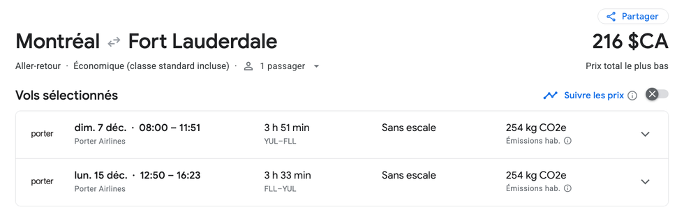 Capture d'\u00e9cran du vol vers Fort Lauderdale, du 7 au 15 d\u00e9cembre, pour 216\u202f$.