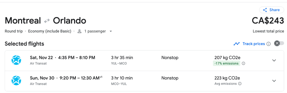 Capture d'\u00e9cran du vol vers Orlando en Floride, du 22 au 30 novembre, pour 243 $.