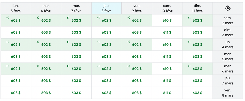 Capture d'\u00e9cran vols Montr\u00e9al-Paris sur Google Flights.