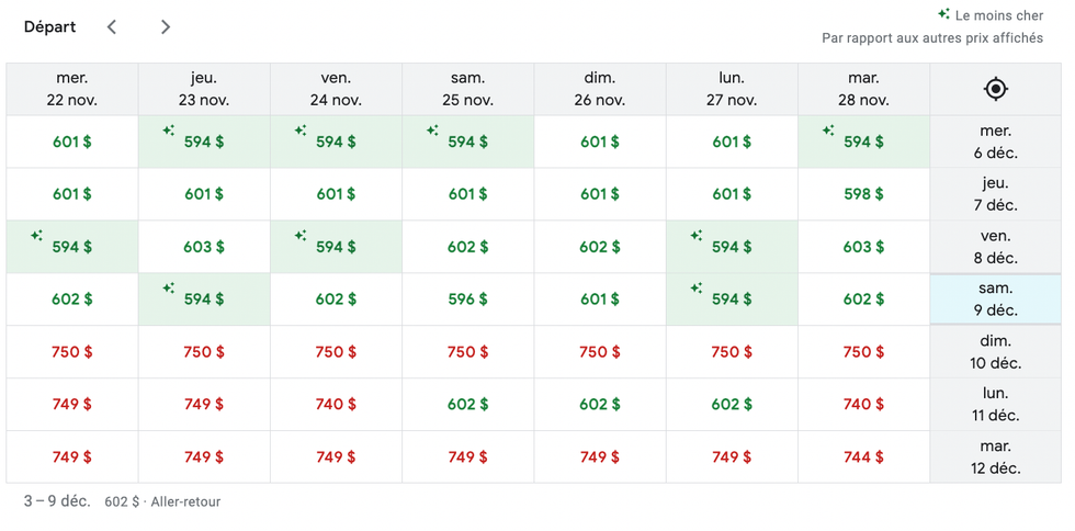 Capture d'\u00e9cran vols Montr\u00e9al-Paris sur Google Flights.