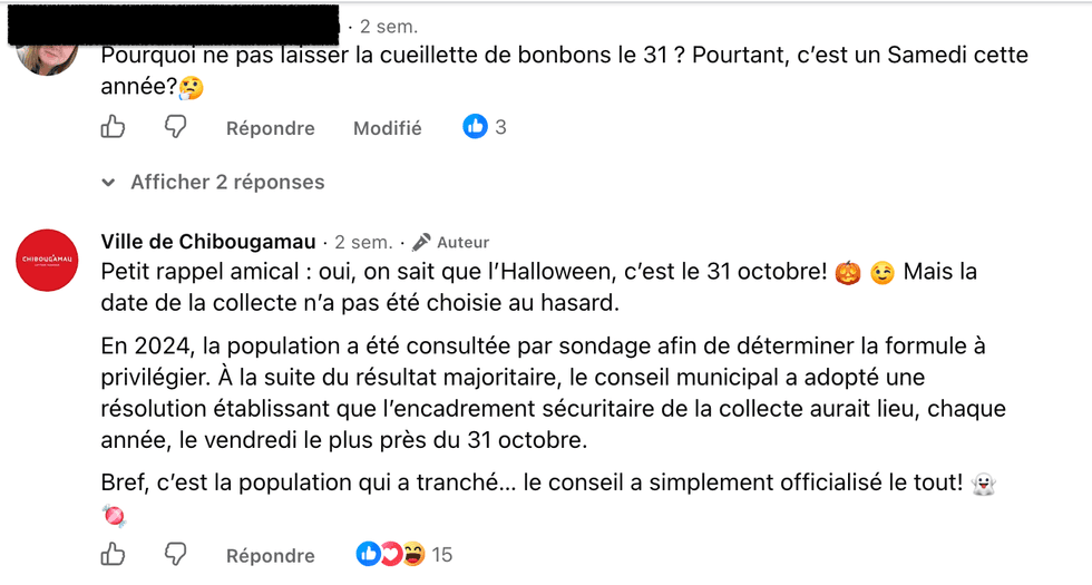 Capture d\u2019\u00e9cran d\u2019une publication Facebook de la Ville de Chibougamau sur la date de l\u2019Halloween.