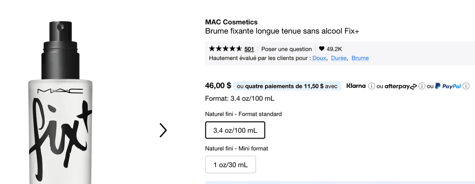 Capture d\u2019\u00e9cran de la brume fixante MAC Fix+ sur le site de Sephora Canada.