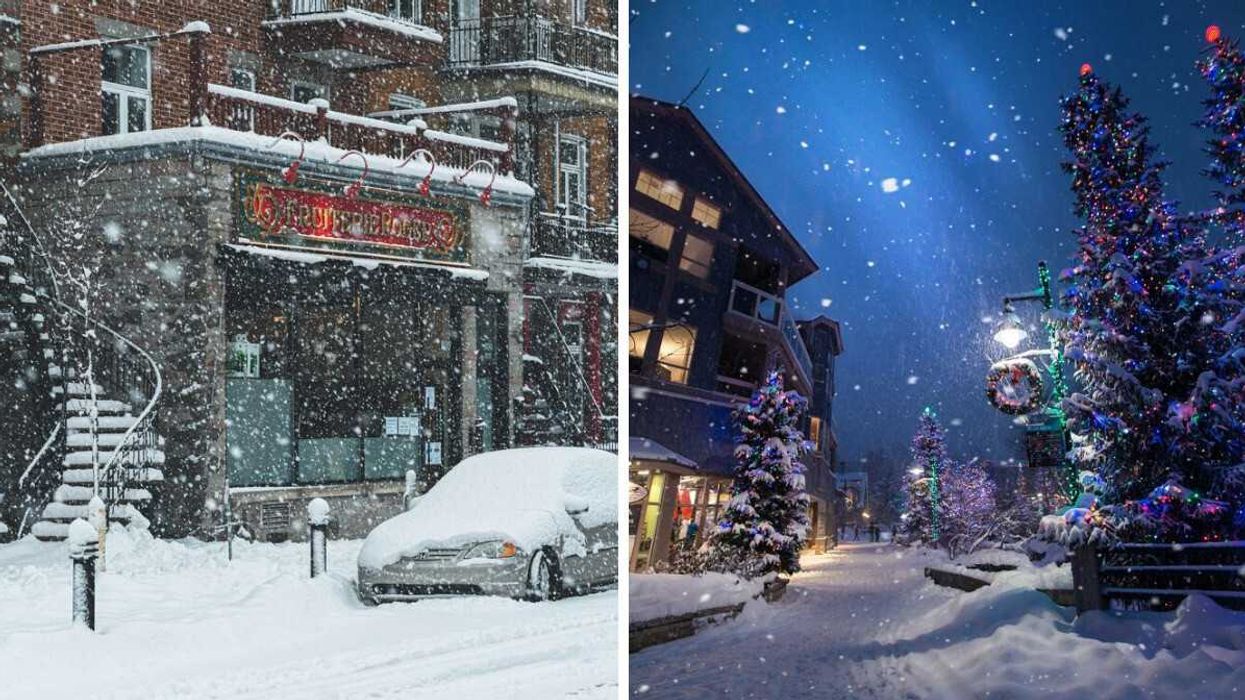 car and shops on a montreal street during snowstorm. right: lit christmas trees in whistler during snowstorm