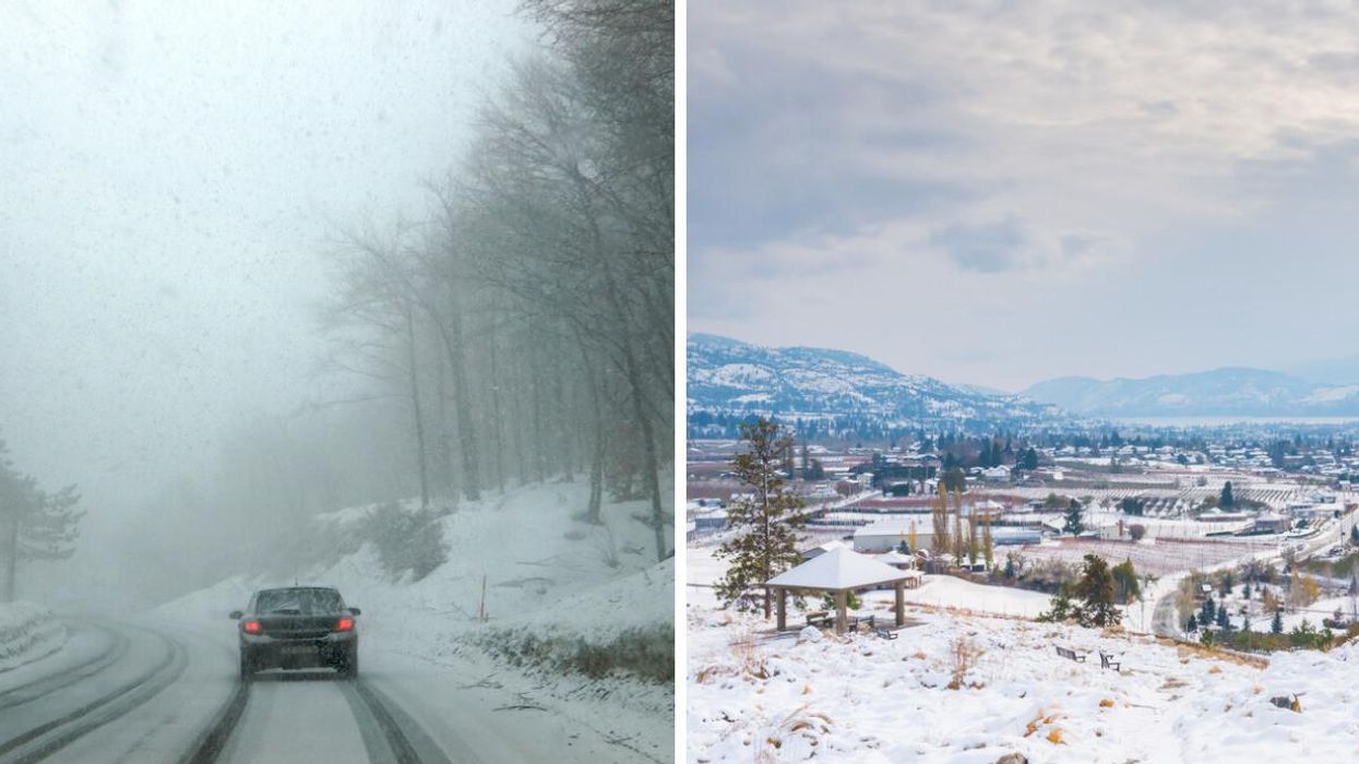 Car driving in a snowstorm. Right: Snowfall in B.C.