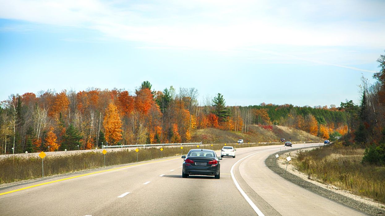 Car driving on a highway lined by trees in Ontario.