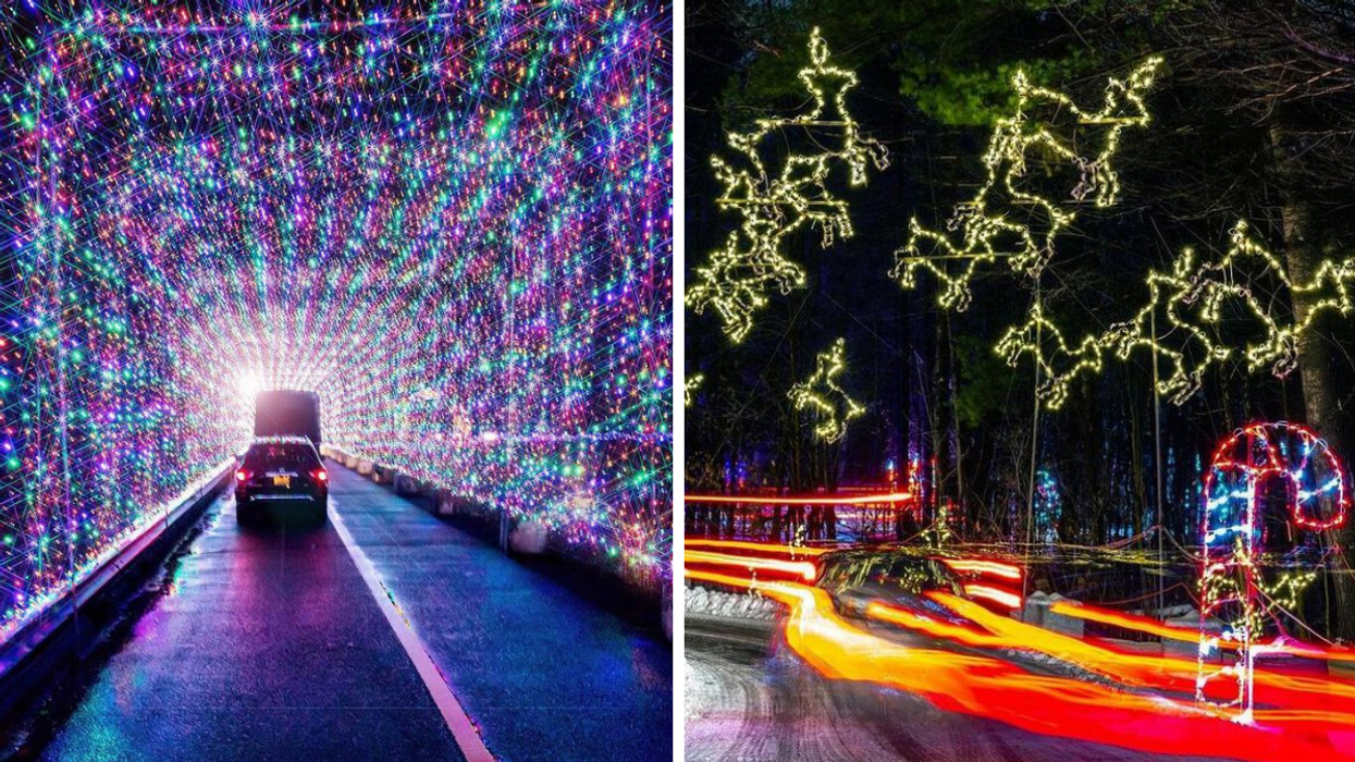 Car driving through a tunnel of holiday lights. Right: Reindeer and candy cane light displays.