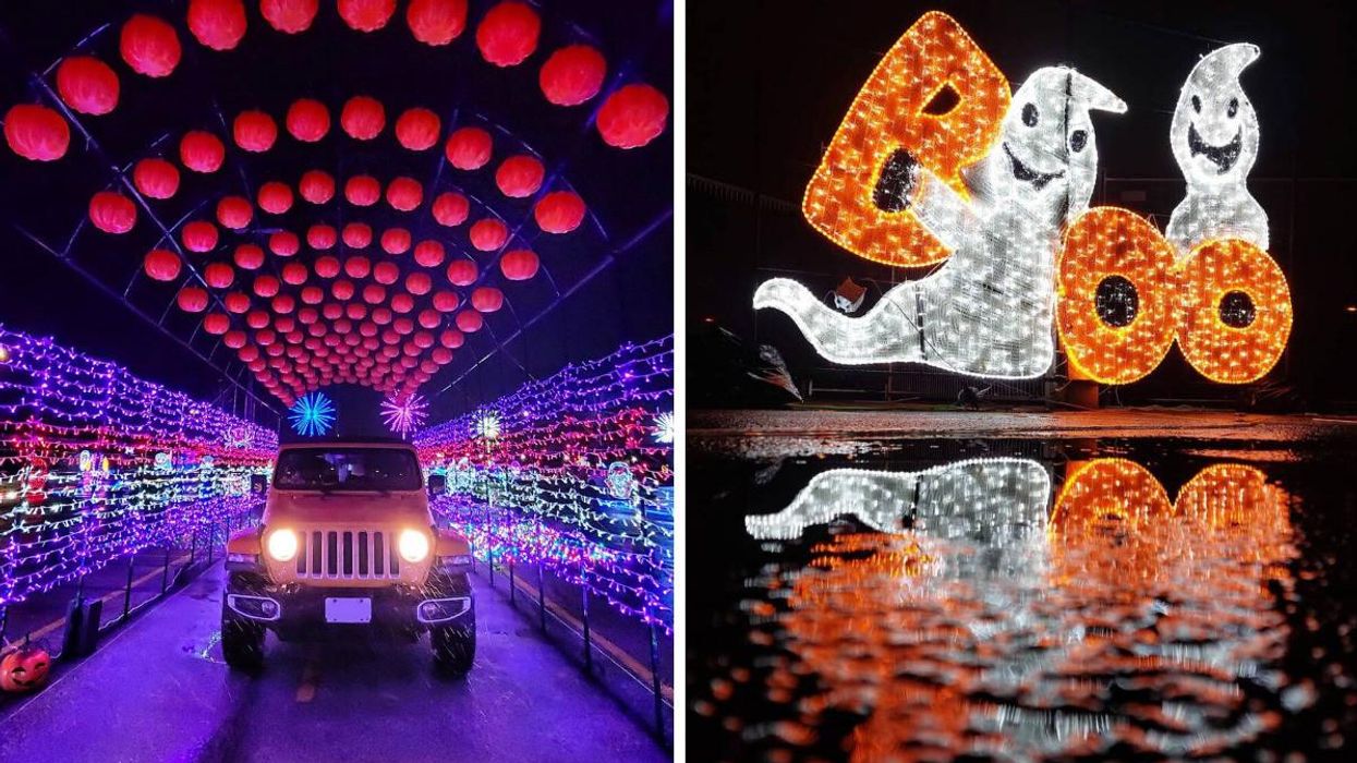 Car driving through an illuminated tunnel with pumpkins. Right: A light display of ghosts.