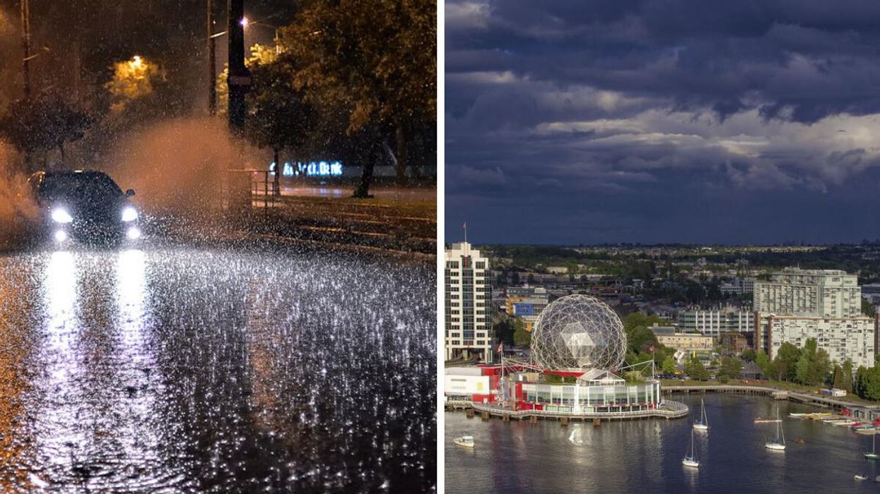 Car in rain. Right: Storm in Vancouver.