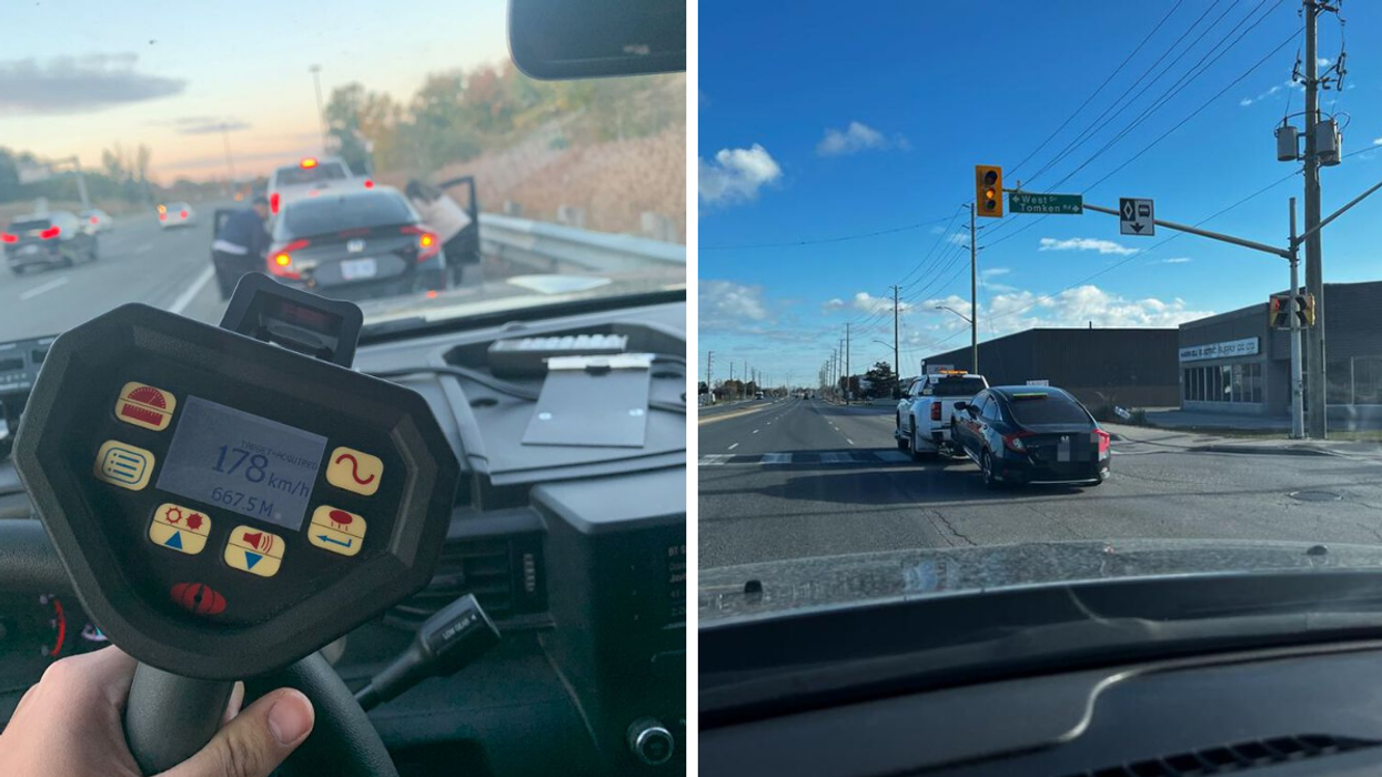 Car pulled over by OPP. Right: Car caught speeding.