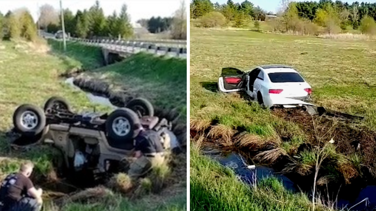 Car submerged in a small creek after a two-vehicle collision. Right: Second car involved in the accident.