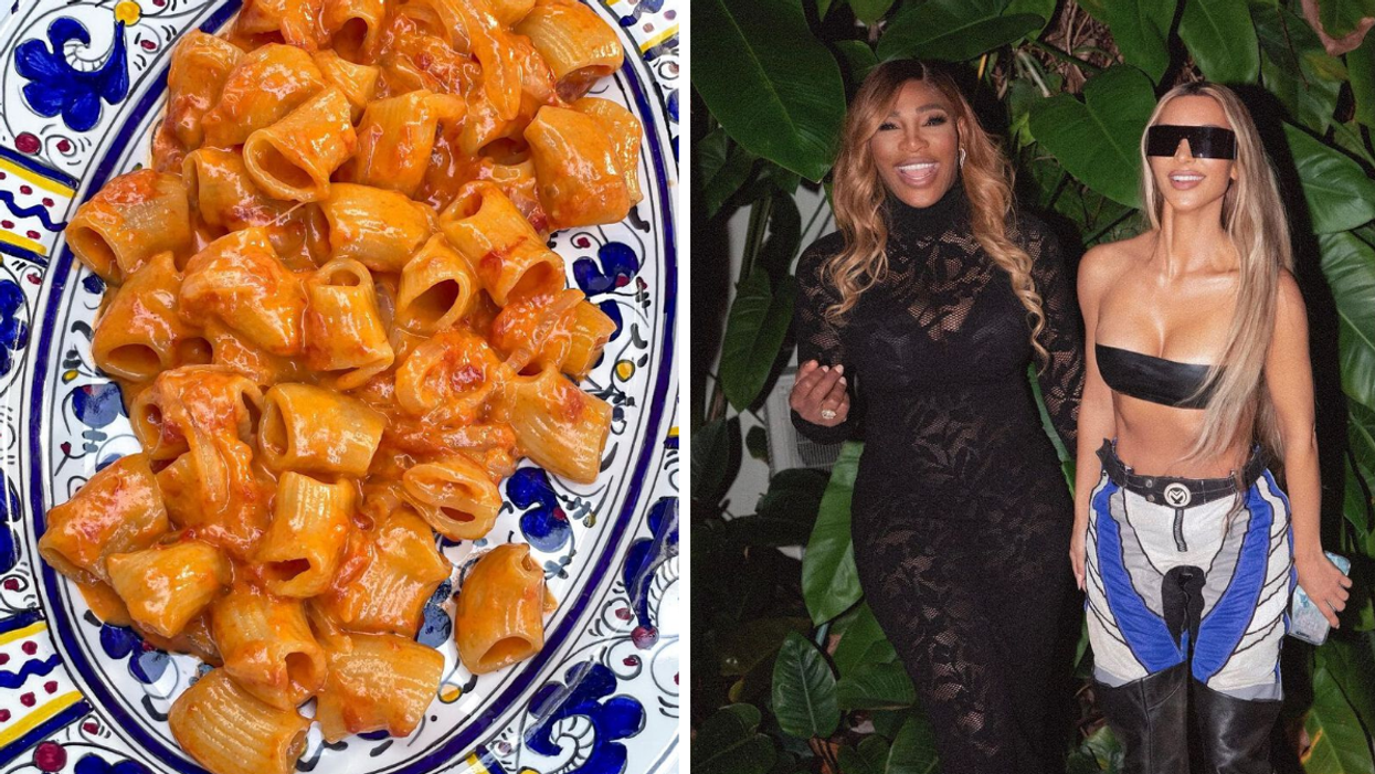 Carbone's pasta in Miami. Right: Serena Williams and Kim Kardashian.
