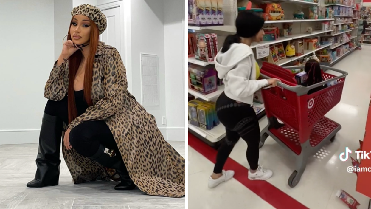 Cardi B in a leopard print outfit. Right: Cardi B and her daughter at Target.