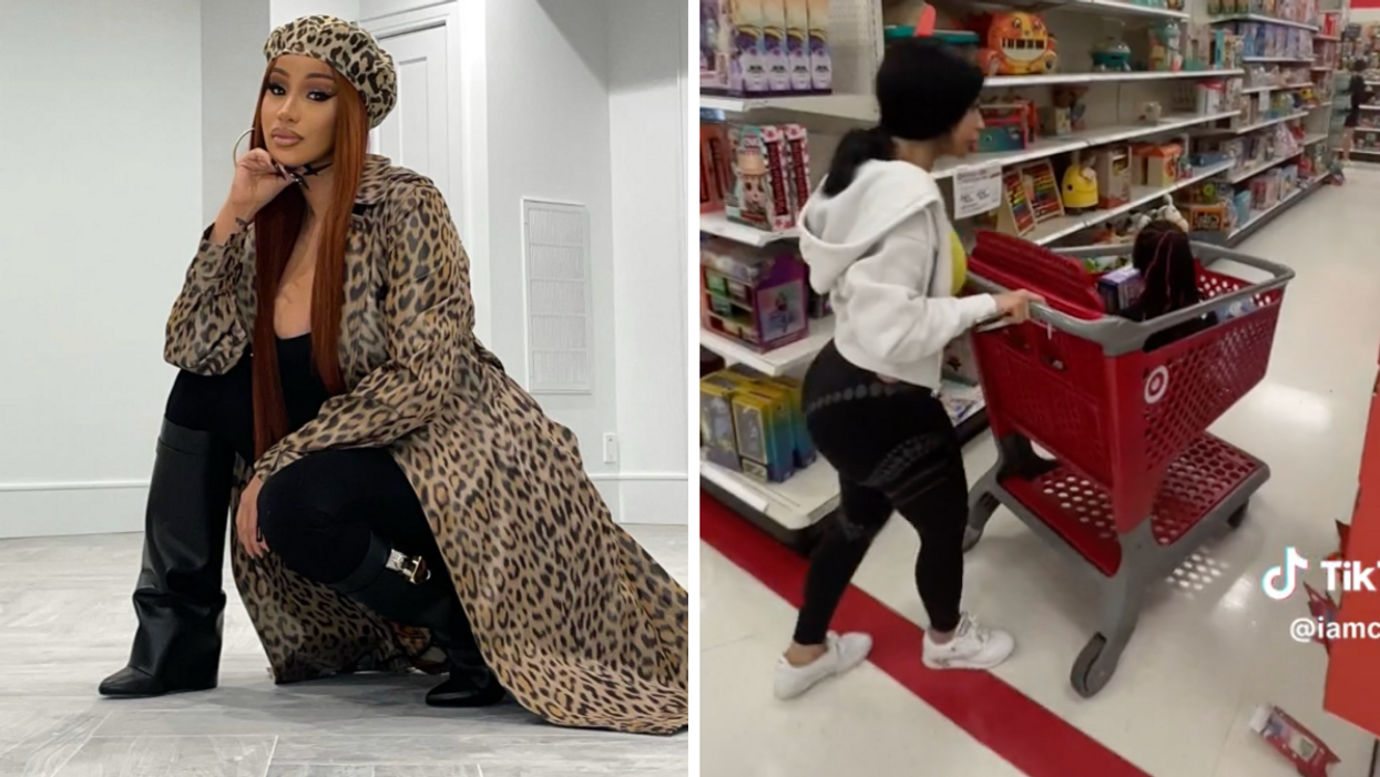 Cardi B in a leopard print outfit. Right: Cardi B and her daughter at Target.