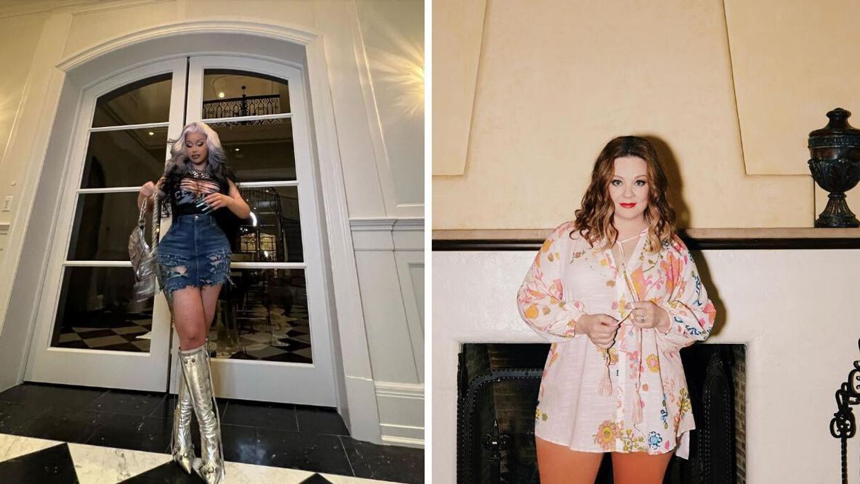 Cardi B in front of massive doors. Right: Melissa McCarthy in front of a fireplace.