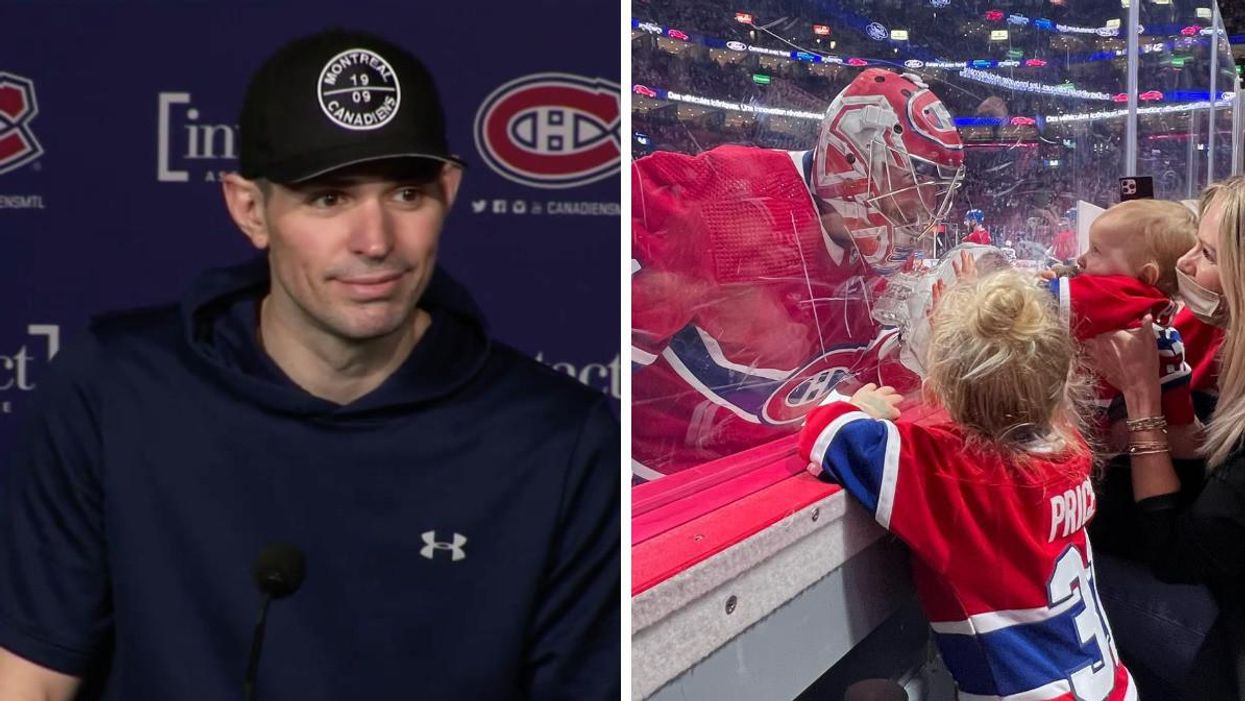 Carey Price en conférence de presse. Droite : Carey Price avec ses enfants pendant un match.