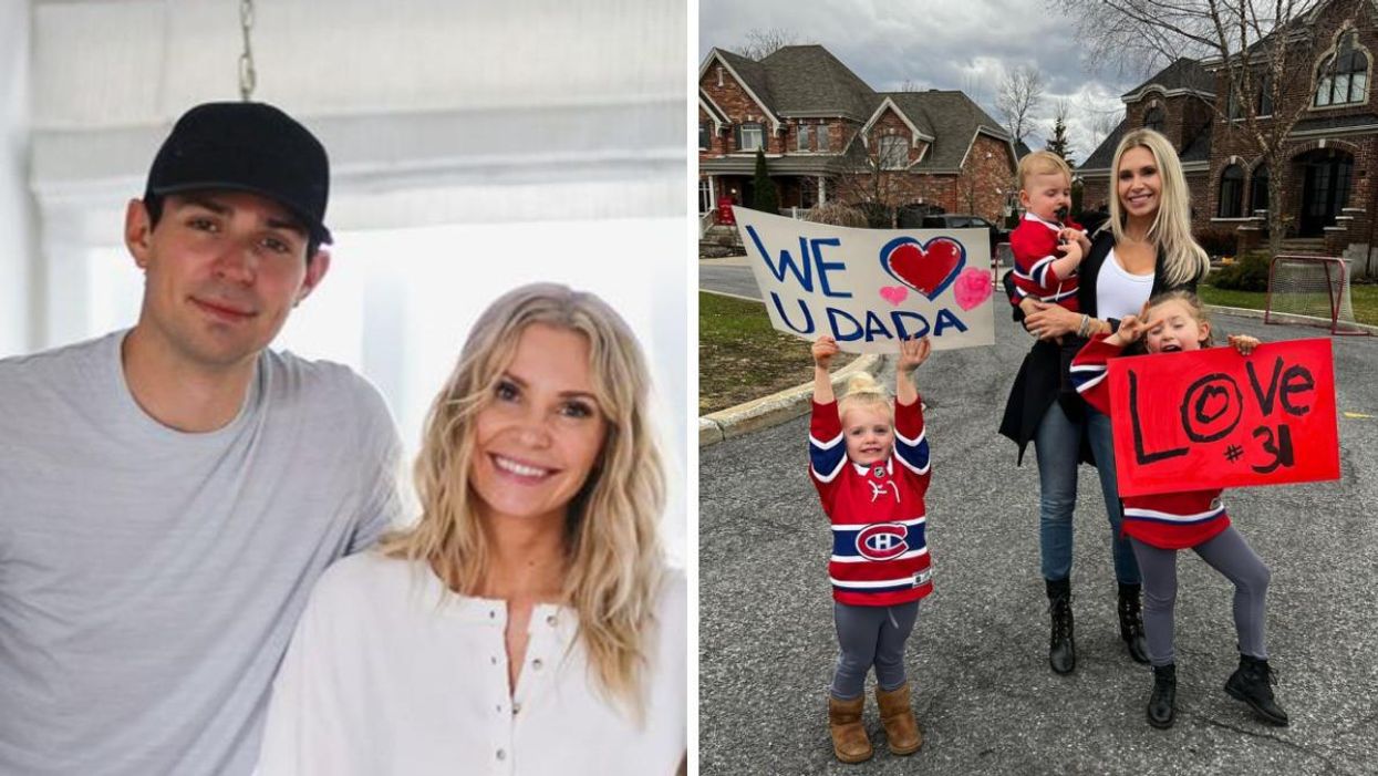 Carey Price et Angela Price. Droite : Angela Price et leurs 3 enfants avec des pancartes dans la rue.