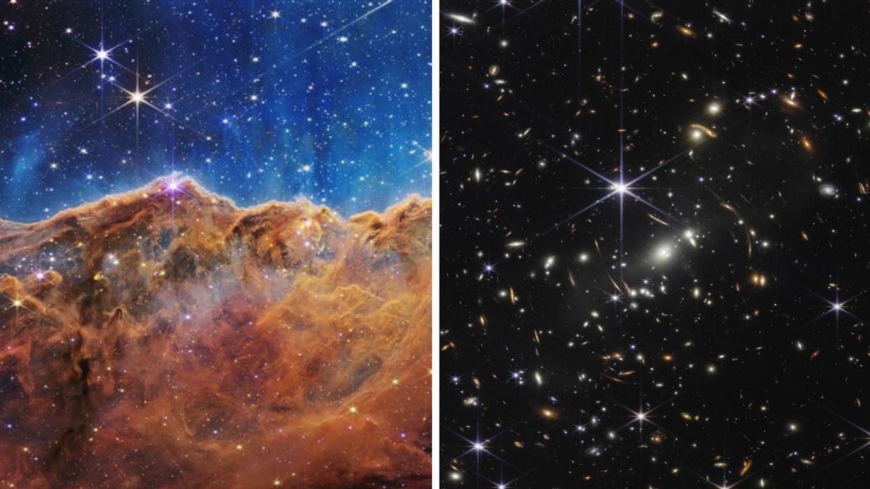 Carina Nebula captured by the James Webb Space Telescope. Right: Thousands of galaxies in a galaxy cluster photographed by the Webb Telescope.