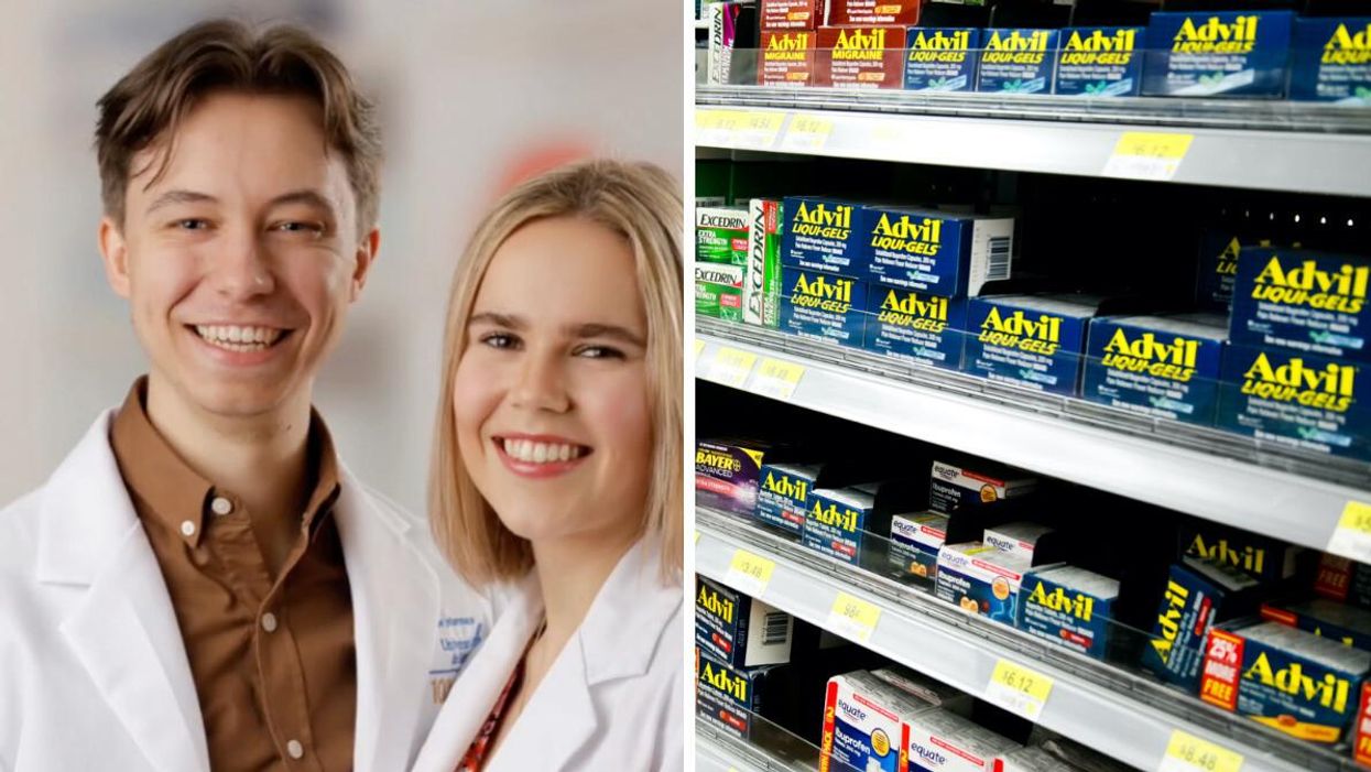 Carl et Kate sur TikTok. Droite : Des boîtes de Advil sur une tablette en pharmacie.