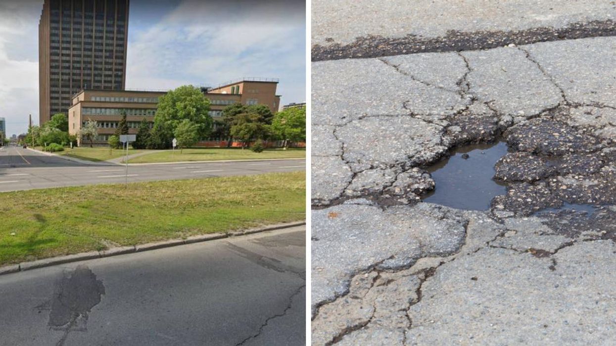 Carling Avenue in Ottawa. Right: A road with a pothole.