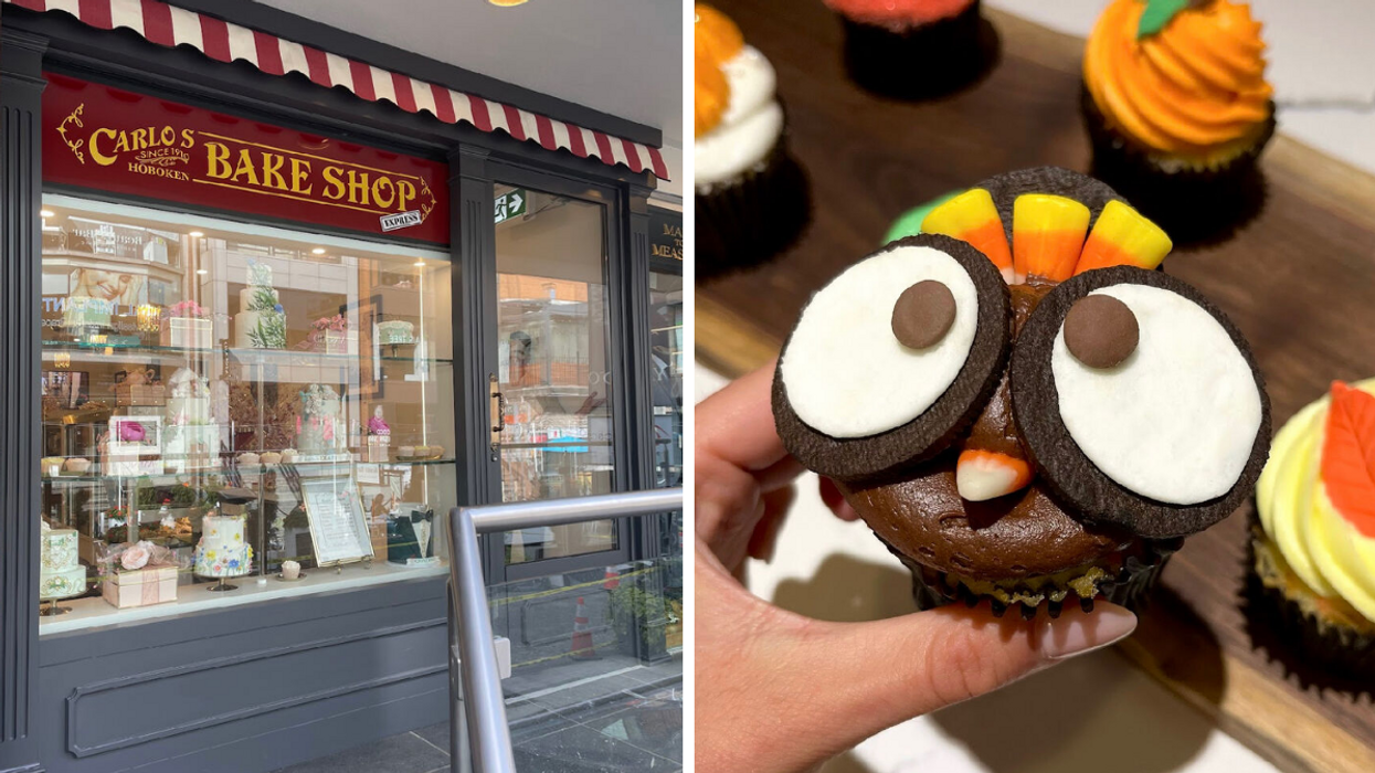 Carlo's Bakery storefront. Right: Turkey cupcake.