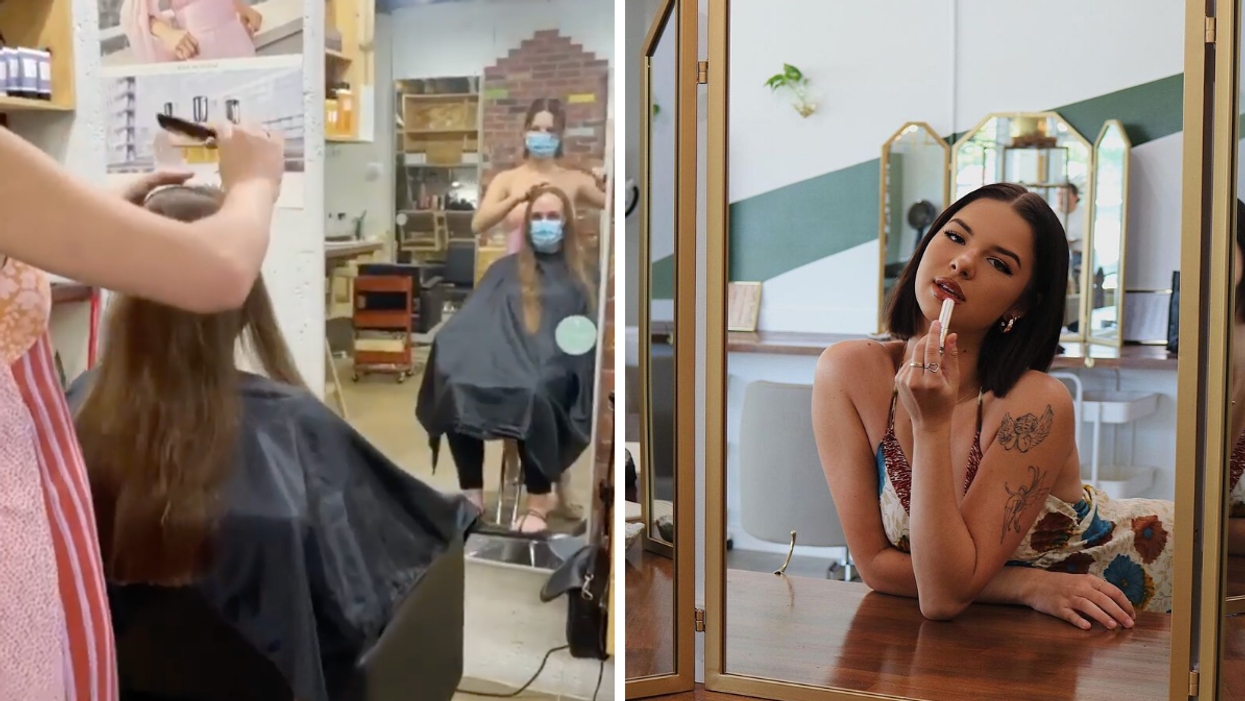 Carly Banister doing someone's hair. Right: Carly Banister looking in the mirror putting on lipstick.