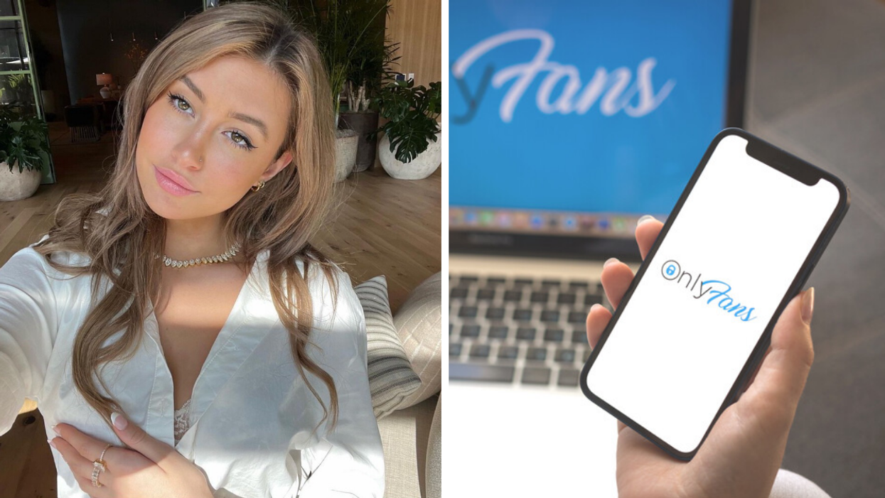 Carly Lawrence. Right; OnlyFans on phone.