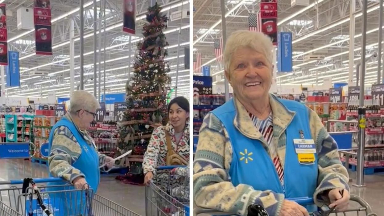 Carmen working at an Arizona Walmart. Right: Carmen in the viral TikTok.