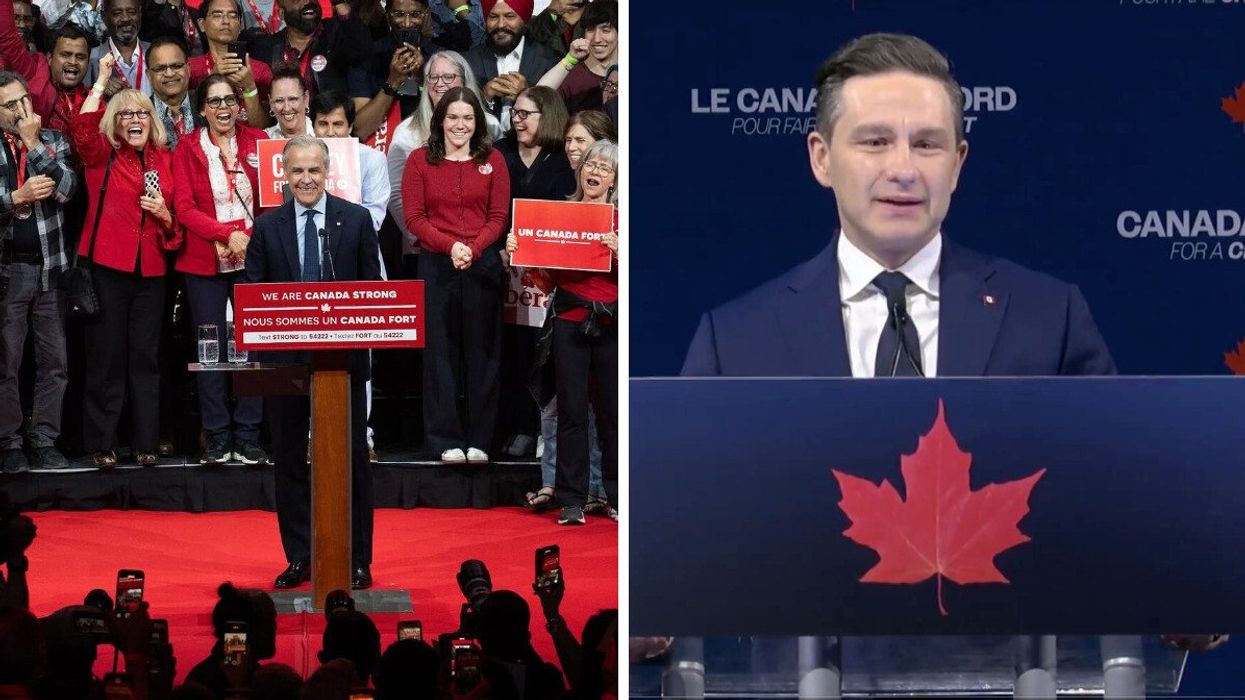 Carney and Poilievre deliver speeches on election night.