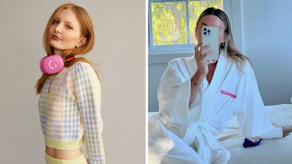 Caroline Spiegel wearing the pink Quinn headphones. Right: A woman in a white Quinn bathrobe.