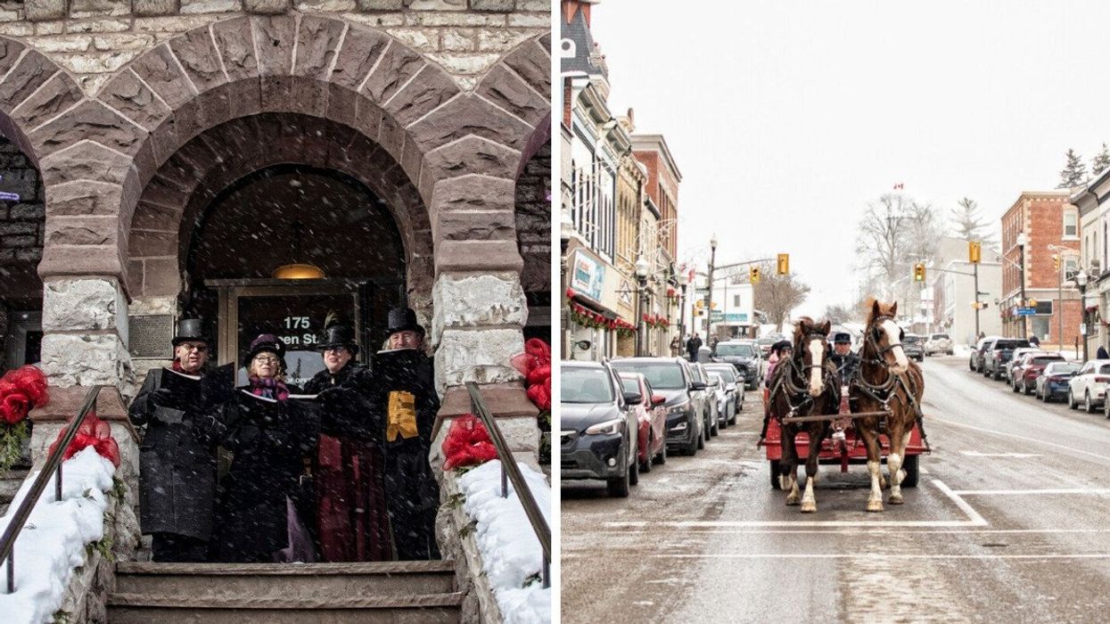 Carollers standing on a stone entranceway. Right: A horse-drawn wagon travelling though a town.
