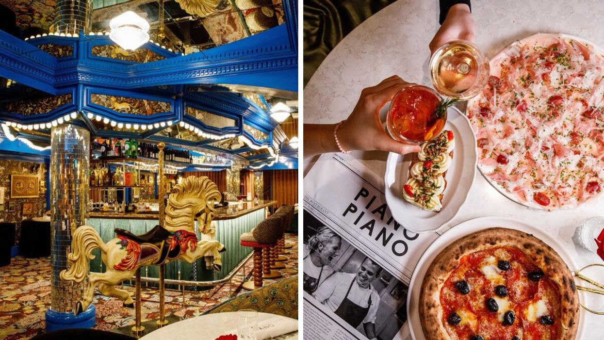 Carousel bar. Right: Table with Italian food.