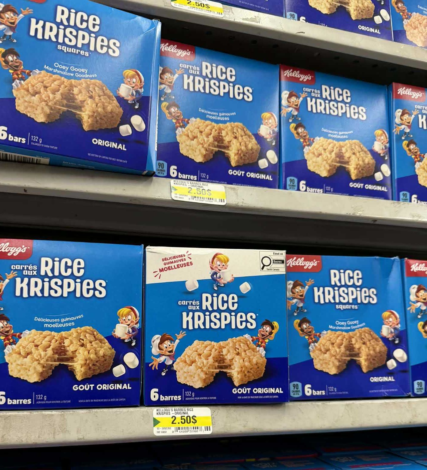 Carr\u00e9s aux Rice Krispies sur les tablettes du Dollarama.