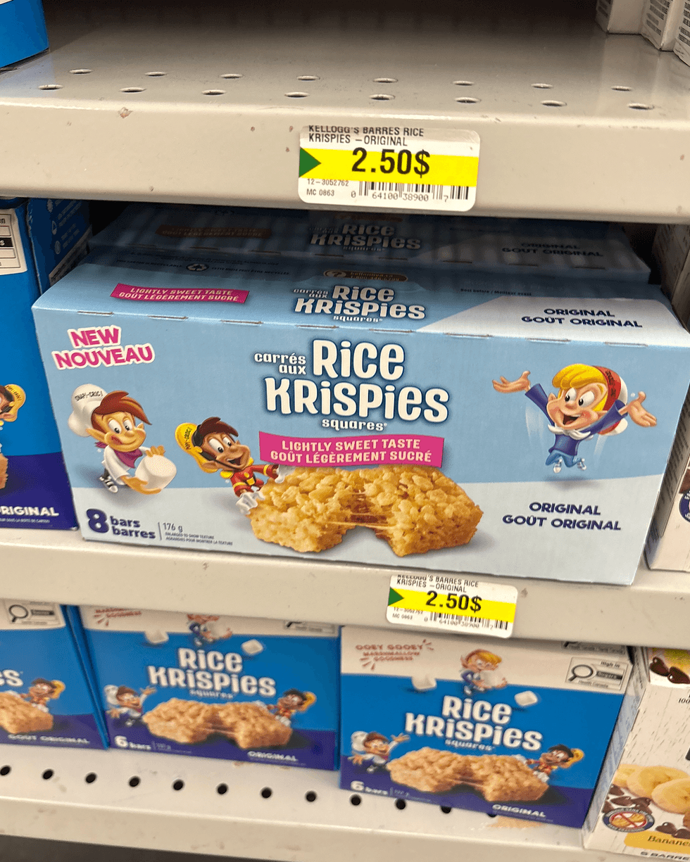 Carr\u00e9s aux Rice Krispies sur les tablettes du Dollarama.