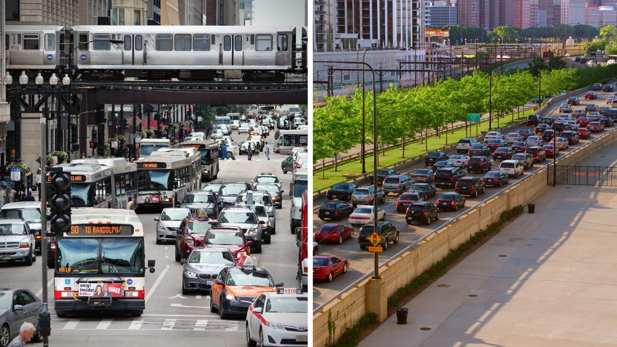 Cars and busses on a road. Right: Cars in traffic on a highway.