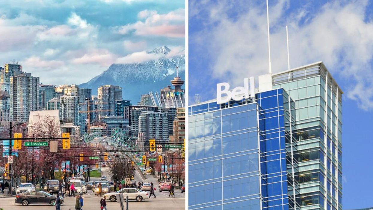 Cars and skyscrapers in the city of Vancouver. Right: The top of a Bell building.
