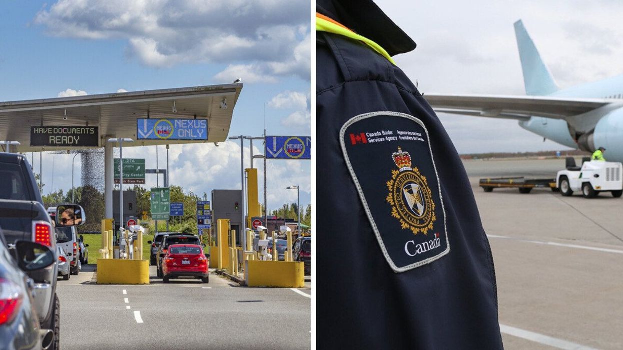 Cars are seen at a Canada-U.S. border crossing. Right: A CBSA worker stands by a plane on a runway.