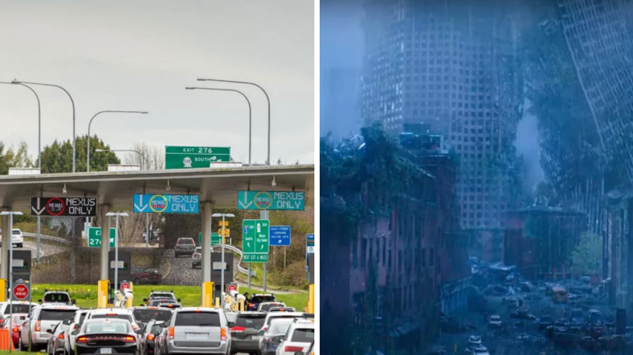 Cars at the Canada-U.S. border. Right: Apocalyptic city scene from The Last Of Us trailer.
