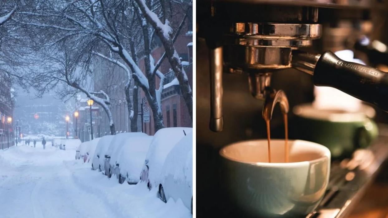 Cars buried under snow in Montreal. Right: Espresso dripping into a cup.